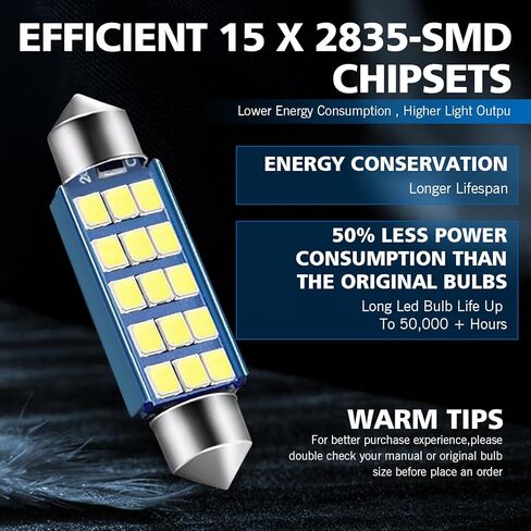 2 PCS 42mm 2835 Car Bi-Tip Reading Light, 6000K High Intensity Decoded Low Power LED License Plate Light Tailgate Light, 360 Degree Surround Lighting Accessory for Most Cars (White) in Kuwait
