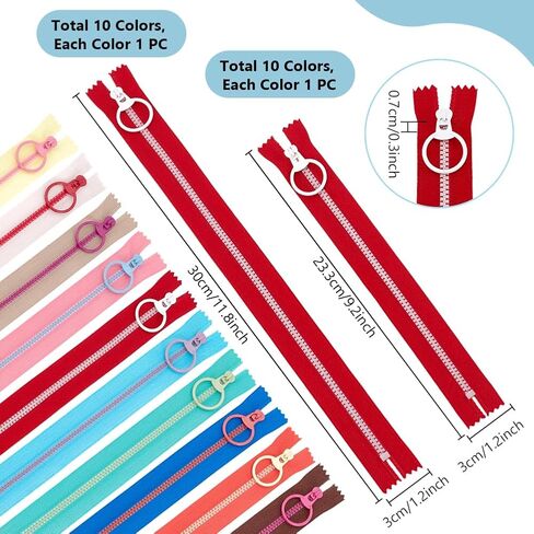 PH PandaHall 20pcs 10 Color Resin Zippers with #3 Lifting Ring Pulls 9 inch/11.8 inch Nylon Plastic Bulk Zippers Separating Jacket Zippers Close-end for Sewing Craft Bags Garment Clothing in Saudi Arabia