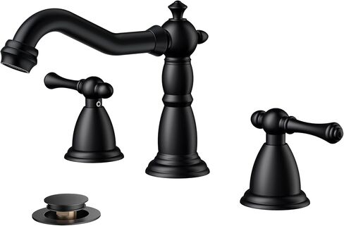 FORIOUS 3 Hole Bathroom Faucets, Matte Black Antique Brass Bathroom Sink Faucet Two Handle, 8 inch Widespread Bathroom Faucet with Metal Pop-up Drain & CUPC Hose, Vintage Bathroom Faucet for Farmhouse in Kuwait