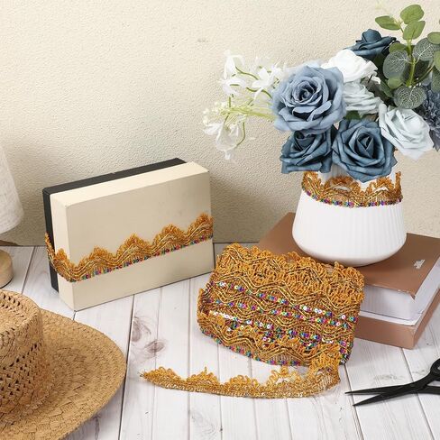Gold Trim for Sewing, 9.8 Yard Shiny Beaded Gold Sequin Trim Vintage Decorative Lace Ribbon for DIY Crafts Sewing Clothes Wedding Home Decor in Saudi Arabia