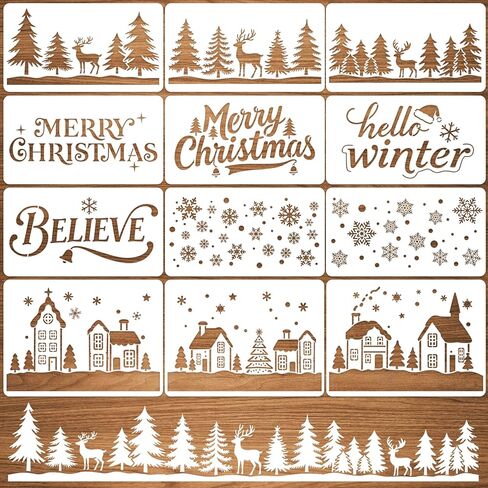 Large Christmas Stencils for Window, 12 Pcs Christmas Doormat Stencils Including Winter House Forest, Snowflake, Pine Tree for Painting on Wood, Glass, Door Mats, Door Hangers (Style 1) in Saudi Arabia
