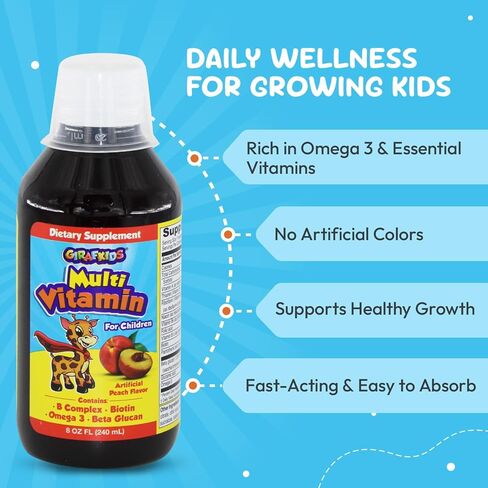Girafkids Super Vitamins Kids Vitamins – 10 Serving Bottles Liquid Multivitamins for Kids 4 and Up – Kids Immune Support Multi Vitamin with Forest Fruit Flavor – 12 Vitamins, Royal Jelly, Propolis in Saudi Arabia