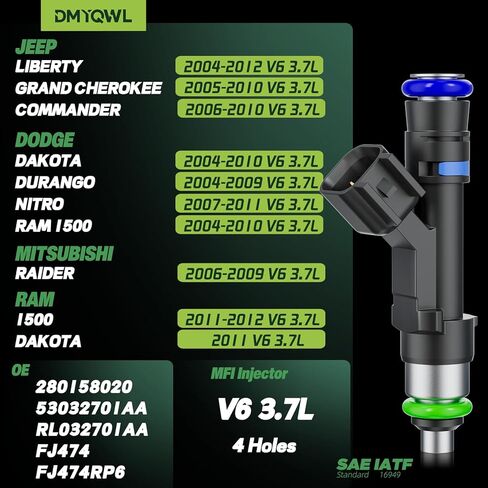 حاقن الوقود V6/3.7L متوافق مع جيب ليبرتي (2004-2012)، Ram1500 (2004-2012)، كوماندر (2006-2010)، جراند شيروكي (2005-2010)، داكوتا (2004-2011)، استبدال 4 فتحات # 0280158020 (6 قطع) in Kuwait