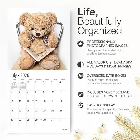 تقويم حائط RED EMBER Teddy Bears 2026 لمدة 12 شهرًا | 12 بوصة × 24 بوصة مفتوح | ورق سميك وقوي | هدية العيد | تقويم الاطفال لطيف 2026 in Kuwait