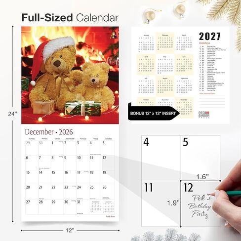 تقويم حائط RED EMBER Teddy Bears 2026 لمدة 12 شهرًا | 12 بوصة × 24 بوصة مفتوح | ورق سميك وقوي | هدية العيد | تقويم الاطفال لطيف 2026 in Kuwait