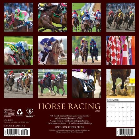 Willow Creek Press, Horse Racing 2026 Wall Calendar, 12'' X 12'', 18-Month Calendar with Stapled Binding in Saudi Arabia
