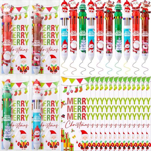 24 Christmas Multicolor Ballpoint Pen 10 in 1 Retractable Ballpoint Pens with Christmas Greeting Card Snowman Reindeer Claus 10 Color Pen for Office Gift Xmas Party Favors in Saudi Arabia