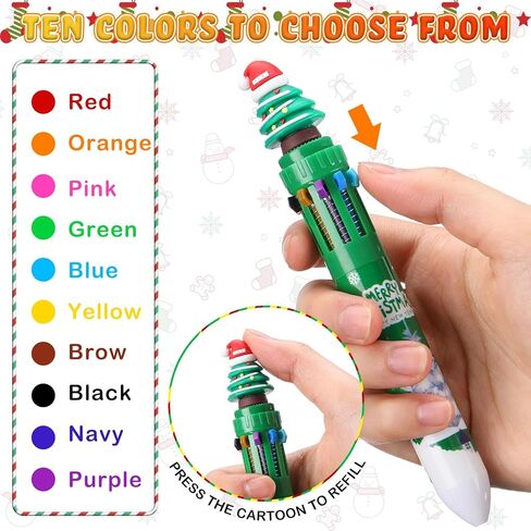 24 Christmas Multicolor Ballpoint Pen 10 in 1 Retractable Ballpoint Pens with Christmas Greeting Card Snowman Reindeer Claus 10 Color Pen for Office Gift Xmas Party Favors in Saudi Arabia
