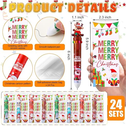 24 Christmas Multicolor Ballpoint Pen 10 in 1 Retractable Ballpoint Pens with Christmas Greeting Card Snowman Reindeer Claus 10 Color Pen for Office Gift Xmas Party Favors in Saudi Arabia