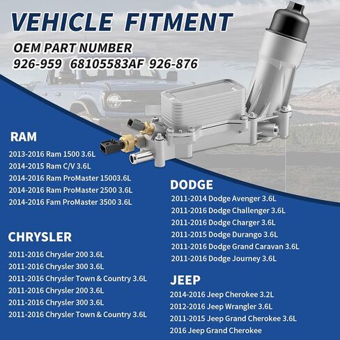 926-959 Aluminum engine oil cooler oil filter housing with sensor, suitable for Jeep Grand Cherokee Wrangler 2011-2016 Chrysler 200 300, Dodge Charger Challenger Ram150025003500 V6 3.6L 68105583AF in Saudi Arabia