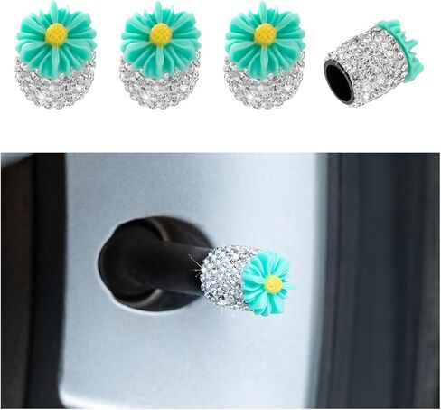 Bling Car Valve Stem Caps, 4PCS Crystal Rhinestone Flower Dustproof Vehicle Tire Protection Cover, Auto Exterior Wheel Rim Protector Accessories, Universal for Bike Truck Mocorcycle (Yellow) in Saudi Arabia