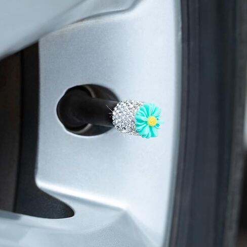 Bling Car Valve Stem Caps, 4PCS Crystal Rhinestone Flower Dustproof Vehicle Tire Protection Cover, Auto Exterior Wheel Rim Protector Accessories, Universal for Bike Truck Mocorcycle (Yellow) in Saudi Arabia