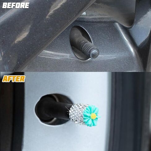 Bling Car Valve Stem Caps, 4PCS Crystal Rhinestone Flower Dustproof Vehicle Tire Protection Cover, Auto Exterior Wheel Rim Protector Accessories, Universal for Bike Truck Mocorcycle (Yellow) in Saudi Arabia