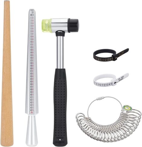 BENECREAT 6Pcs Ring Sizer Measuring Tools, Including Ring Sizer Gauge, Ring Mandrel, Wood Polishing Stick and Jewelry Hammer, Finger Sizing Measuring Kit for Ring Making and Repair in Saudi Arabia