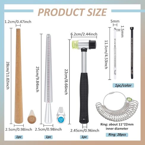 BENECREAT 6Pcs Ring Sizer Measuring Tools, Including Ring Sizer Gauge, Ring Mandrel, Wood Polishing Stick and Jewelry Hammer, Finger Sizing Measuring Kit for Ring Making and Repair in Saudi Arabia