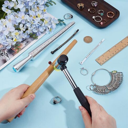 BENECREAT 6Pcs Ring Sizer Measuring Tools, Including Ring Sizer Gauge, Ring Mandrel, Wood Polishing Stick and Jewelry Hammer, Finger Sizing Measuring Kit for Ring Making and Repair in Saudi Arabia