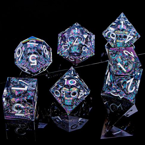 DND Skull Dice Set 7PCS Necromancer Polyhedral Dice for Dungeons Dragons RPG Role Playing Game, Resin Sharp Edged D and D Dice with Gift Box D6 D8 D10 D12 D20 (Green Purple) in Saudi Arabia