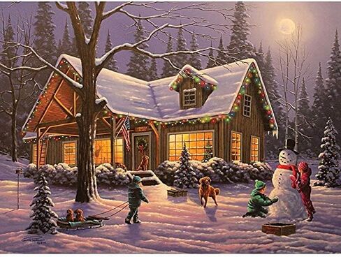 Bits and Pieces - 300 Large Piece Glow in The Dark Puzzle for Adults - Family Traditions by Artist Geno Peoples - Winter Christmas Cabin - Holiday - 300 pc Jigsaw in Saudi Arabia