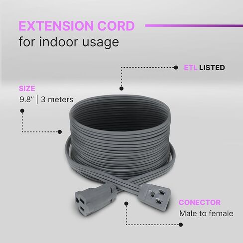 سلك تمديد لمكيفات الهواء والأجهزة الثقيلة بطول 10 أقدام، مقاس 14، 15 أمبير، مدرج في قائمة ETL، رمادي in Kuwait