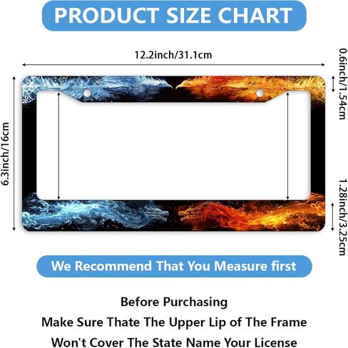 Dragon License Plate Frame Red Blue Phoenix Water Fire Art License Plate Frames Personalise Stainless Steel Funny Design Compatible with Standard License Plate Holder for USA and Canada 12.2" X 6.2" in Saudi Arabia
