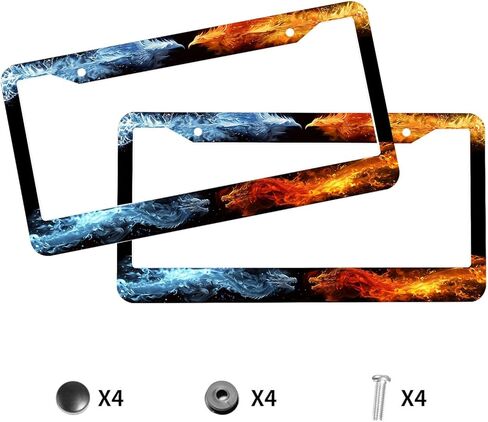 Dragon License Plate Frame Red Blue Phoenix Water Fire Art License Plate Frames Personalise Stainless Steel Funny Design Compatible with Standard License Plate Holder for USA and Canada 12.2" X 6.2" in Saudi Arabia