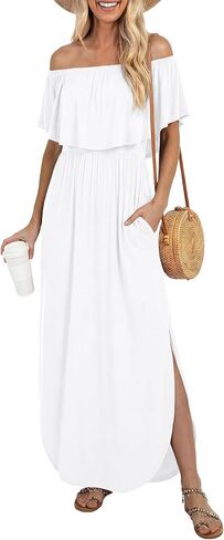 LILBETTER Womens Off The Shoulder Ruffle Party Dresses Side Split Beach Maxi Dress in Kuwait