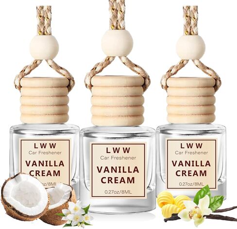 معطر هواء للسيارة معلق - موزع زيت عطري لطيف للسيارة - زجاجة قابلة لإعادة الاستخدام مع عطر يدوم أكثر من 45 يومًا، زيوت أساسية للنساء والرجال - كريم الفانيليا (3 عبوات) in Kuwait