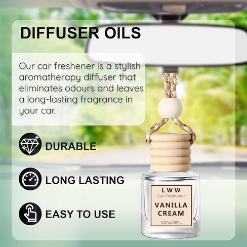 معطر هواء للسيارة معلق - موزع زيت عطري لطيف للسيارة - زجاجة قابلة لإعادة الاستخدام مع عطر يدوم أكثر من 45 يومًا، زيوت أساسية للنساء والرجال - كريم الفانيليا (3 عبوات) in Kuwait