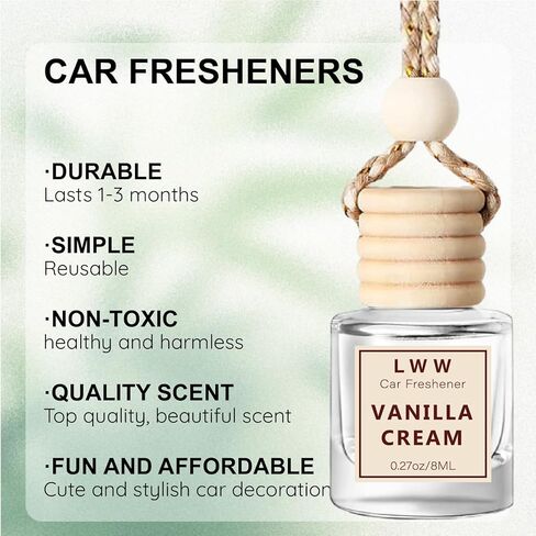 معطر هواء للسيارة معلق - موزع زيت عطري لطيف للسيارة - زجاجة قابلة لإعادة الاستخدام مع عطر يدوم أكثر من 45 يومًا، زيوت أساسية للنساء والرجال - كريم الفانيليا (3 عبوات) in Kuwait