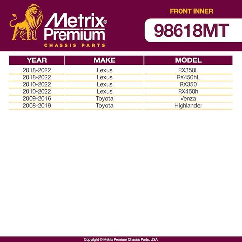 Metrix Premium Chassis Parts - 2 PC Front Inner Tie Rod End Kit Fits 18-22 Lexus RX350L, 18-22 RX450hL, 10-22 RX350, 10-22 RX450h, 09-16 Toyota Venza, 08-19 Highlander, EV801472, Made in Europe in Saudi Arabia