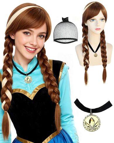 ANOGOL Wig Cap+ Brown Wig for Princess Long Braided Wig with Bangs Straight Cosplay Wig for Kids Women Girls Party Halloween Costume Wig in Kuwait