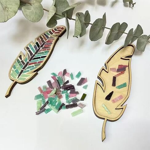 Rekeell DIY Mosaic Feather Art Kit, Wooden Base with Colorful Glass Tiles, Craft Project Set (Red Green) in Saudi Arabia