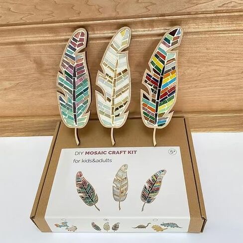 Rekeell DIY Mosaic Feather Art Kit, Wooden Base with Colorful Glass Tiles, Craft Project Set (Red Green) in Saudi Arabia