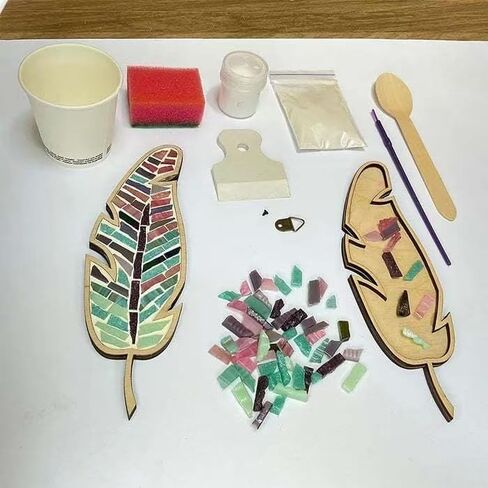 Rekeell DIY Mosaic Feather Art Kit, Wooden Base with Colorful Glass Tiles, Craft Project Set (Red Green) in Saudi Arabia