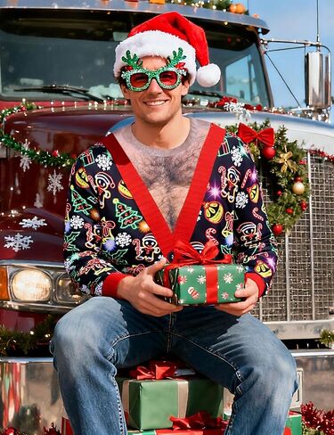 Mens Ugly Christmas Sweatshirt Fake Two Pieces 3D Printed Funny Sweater Shirts Pullover for Xmas Holiday Party in Saudi Arabia
