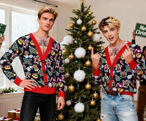 Mens Ugly Christmas Sweatshirt Fake Two Pieces 3D Printed Funny Sweater Shirts Pullover for Xmas Holiday Party in Saudi Arabia