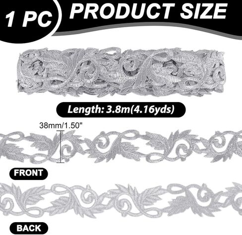 PH PandaHall Silver Embroidery Ribbons Leaf Iron on Patch Embroidered Appliques Lace Ribbon 1-1/2 Inch Wide Craft Lace Trim for Sewing Supplies Costumes Dress Garment DIY Crafts 4 Yards in Saudi Arabia