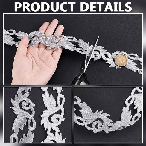 PH PandaHall Silver Embroidery Ribbons Leaf Iron on Patch Embroidered Appliques Lace Ribbon 1-1/2 Inch Wide Craft Lace Trim for Sewing Supplies Costumes Dress Garment DIY Crafts 4 Yards in Saudi Arabia