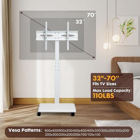 Rolling TV Stand for 32 to 65 70 Inch TVs, Portable TV Cart on Wheels with A Felt Bag, Height Adjustable, Holds up to 110 lbs for Corner, Bedroom, Living Room, Dorm, Max VESA 600x400mm, White in Saudi Arabia