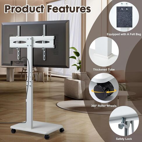 Rolling TV Stand for 32 to 65 70 Inch TVs, Portable TV Cart on Wheels with A Felt Bag, Height Adjustable, Holds up to 110 lbs for Corner, Bedroom, Living Room, Dorm, Max VESA 600x400mm, White in Saudi Arabia