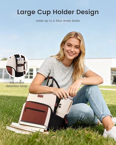 LOVEVOOK Laptop Backpack for Women - Stylish Work Backpack with Large Cup Holder, Waterproof College Teacher Backpack, Beige-Brown, 15.6Inch in Kuwait