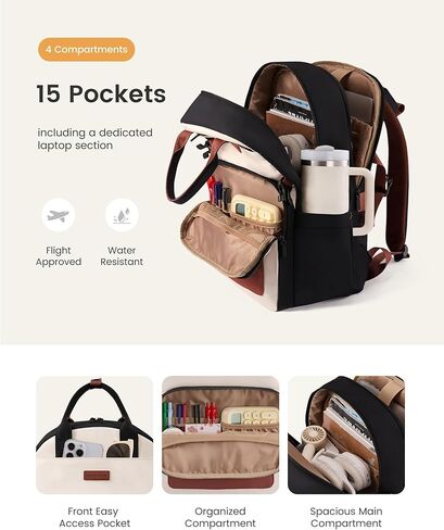 LOVEVOOK Laptop Backpack for Women - Stylish Work Backpack with Large Cup Holder, Waterproof College Teacher Backpack, Beige-Brown, 15.6Inch in Kuwait