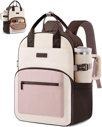 LOVEVOOK Laptop Backpack for Women - Stylish Work Backpack with Large Cup Holder, Waterproof College Teacher Backpack, Beige-Brown, 15.6Inch in Kuwait