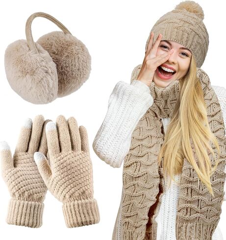 Women Winter Hats Scarf and Gloves Set for Women Including Ear Covers Cold Weather Glove Scarves Hats Knit Beanie Scarf Glove in Kuwait