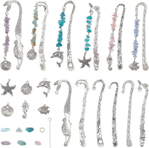 SUNNYCLUE 1 Box DIY 6 Sets Ocean Bookmark Hooks Kit Metal Bookmark Metal Bead Bookmark Summer Hawaii Sea Turtle Starfish Shell Charms Turquoise Beads Metal Book Marks for Crafting Reading Supplies in Saudi Arabia
