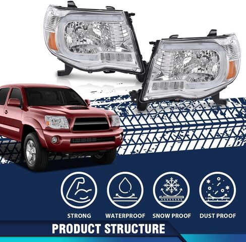 PIT66 LED أنبوب العارض المصابيح الأمامية المصابيح الأمامية W / O المصابيح المتوافقة مع تويوتا تاكوما 2005-2011 المصابيح الأمامية عدسة واضحة كروم الإسكان العنبر عاكس in Kuwait