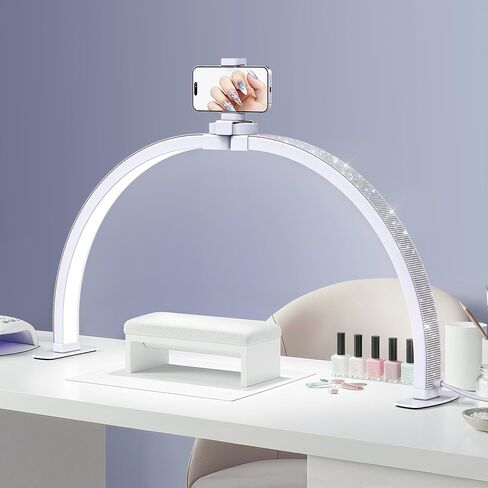 Half Moon Light for Nail Desk, Foldable Arch Nail lamp for Desk with Rhinestones,CRI≥90 LED with Phone Holder, Shadowless Table Lamp Perfect for Manicure Handicraft Lighting,White in Saudi Arabia