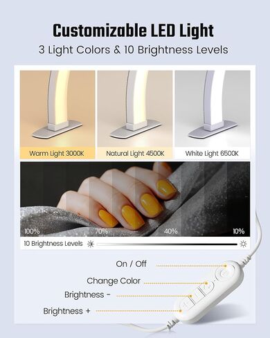 Half Moon Light for Nail Desk, Foldable Arch Nail lamp for Desk with Rhinestones,CRI≥90 LED with Phone Holder, Shadowless Table Lamp Perfect for Manicure Handicraft Lighting,White in Saudi Arabia