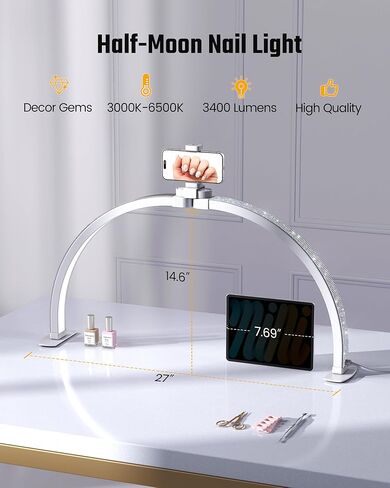 Half Moon Light for Nail Desk, Foldable Arch Nail lamp for Desk with Rhinestones,CRI≥90 LED with Phone Holder, Shadowless Table Lamp Perfect for Manicure Handicraft Lighting,White in Saudi Arabia