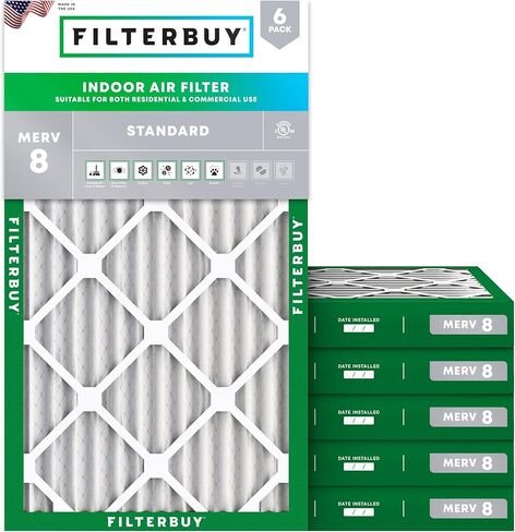 Filterbuy 17x20x1 فلتر هواء MERV 8 دفاع عن الغبار (6 عبوات)، استبدال مرشحات هواء فرن HVAC AC المطوية (الحجم الفعلي: 16.50 × 19.50 × 0.75 بوصة) in Kuwait